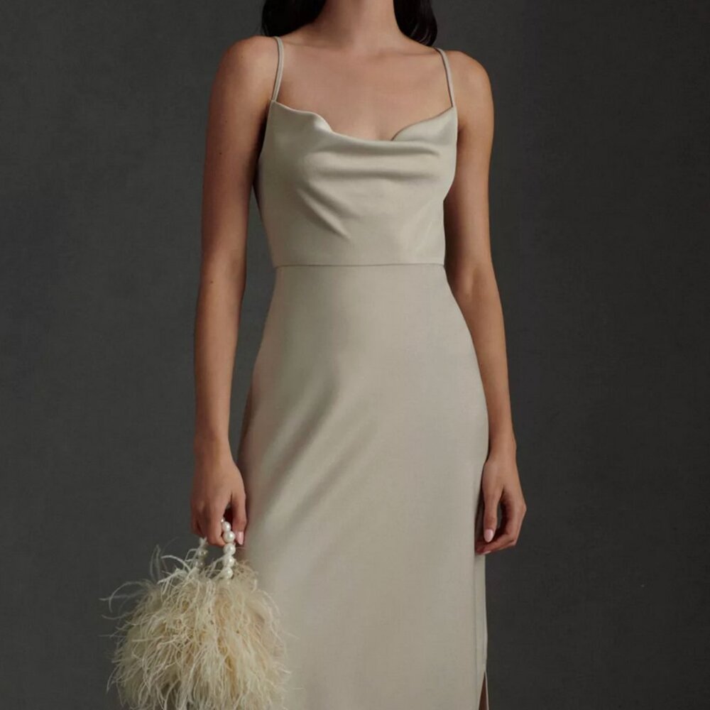 Anthropologie BHLDN Cali Satin Cowl Neck Midi Slip Dress in Champagne Size 10